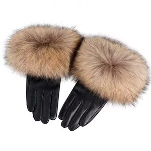 Brand New Real Raccon Fur Black Leather Gloves